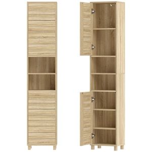 HOMCOM Dulap înalt pentru baie cu rafturi reglabile, uși cu lamele, deschidere prin apăsare, 34x23x170 cm, Natural | Aosom Romania imagine