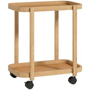 HOMCOM Cărucior de bucătărie din bambus 2 niveluri Cărucior auxiliar pentru bucătărie cu roți 2 rafturi 54x36, 5x60 cm Natural | Aosom Romania imagine