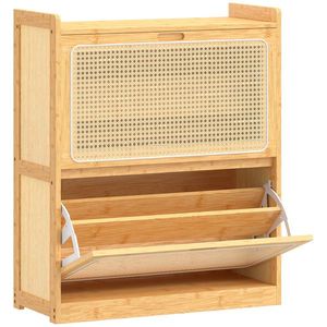 HOMCOM Pantofar îngust din bambus cu 2 sertare rabatabile din ratan pentru 12-14 perechi 69x29x83 cm Natural | Aosom Romania imagine