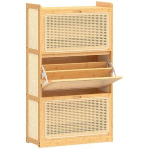 HOMCOM Pantofar Îngust din Bambus cu 3 Sertare Rabatabile din Ratan pentru 18-21 Perechi de Încălțăminte 69x29x119, 8 cm Natural | Aosom Romania imagine