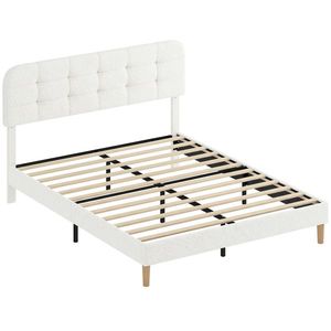 HOMCOM Cadru de pat 160x200cm cu somieră, tăblie reglabilă, pat dublu tapițat în velur teddy, lamele din lemn, alb | Aosom Romania imagine