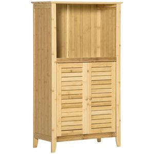 HOMCOM Dulap de baie, dulap baie, raft independent cu 2 uși oblon, raft deschis, bambus, dulap de depozitare pentru baie, living 50 x 25, 5 x 92cm Natural | Aosom Romania imagine