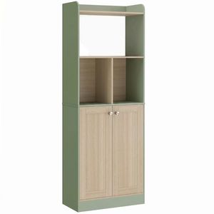 HOMCOM Bibliotecă cu 5 niveluri, mobilier de depozitare, raft pentru cărți cu 2 uși, 60 x 30 x 161, 2 cm verde și lemn natural | Aosom Romania imagine