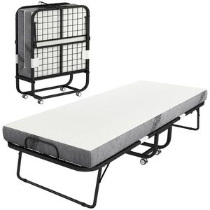 HOMCOM Pat pliant 1 persoană 200 x 80 cm cu saltea, pat de rezervă pliant și portabil pe roți, cadru din oțel, alb | Aosom Romania imagine