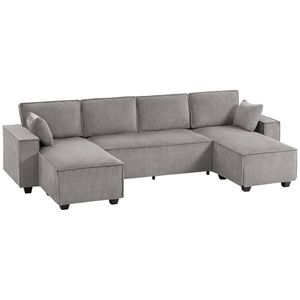 HOMCOM Colțar cu două chaise-longue, canapea în formă de U din material cord cu șezut lat și adânc, perne cu arc, Gri deschis | Aosom Romania imagine