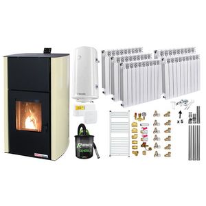 Pachet Termosemineu pe peleti Fornello Fiama Confort 30 kW, cu pompa, vas expansiune, automatizare, calorifere aluminiu Fornello Alvo, boiler, termostat, aspirator, kit evacuare, fitinguri, culoare crem, pana la 200 mp imagine