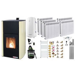 Pachet Control de la distanta Termosemineu pe peleti Fornello Fiama Confort 30 kW, pompa, vas expansiune, automatizare, calorifere aluminiu Fornello Alvo, boiler, termostat, aspirator, kit evacuare, fitinguri, culoare crem imagine