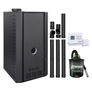 Pachet cazan pe peleti Fornello SERENA B, 25 kw, complet echipat cu pompa, vas expansiune, supapa siguranta, telecomanda, culoare Black, arzator fonta, termostat, aspirator, kit evacuare 3.5 ml, pana la 150 mp imagine