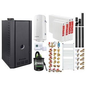 Pachet cazan pe peleti Fornello SERENA B, 25 kw, complet echipat cu pompa, vas expansiune, supapa siguranta, telecomanda, arzator fonta, radiatoare otel, boiler, termostat, aspirator, fitinguri, kit evacuare 3.5 ml, pana la 150 mp imagine