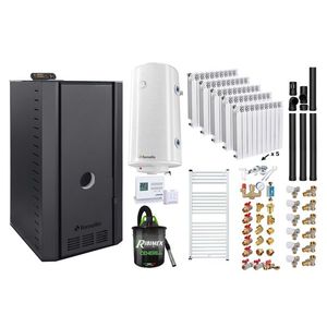 Pachet cazan pe peleti Fornello SERENA B, 25 kw, complet echipat cu pompa, vas expansiune, supapa siguranta, telecomanda, arzator fonta, calorifere aluminiu, boiler, termostat, aspirator, fitinguri, kit evacuare 3.5 ml, pana la 150 mp imagine
