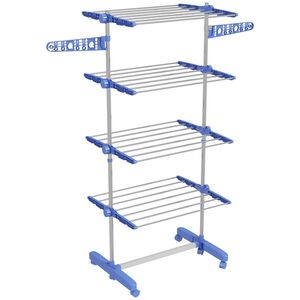 Imagine HOMCOM Suport Vertical de Uscare, Suport Pliabil de Uscare cu 6 Roți și 4 Rafturi Reglabile, 142x55x172 cm, Alb și Argintiu | Aosom Romania