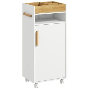 Imagine Dulap de Baie cu Roti si Tava Detasabila, Dulap Mobil de Depozitare cu Usa si Raft Reglabil, 40x30x88cm Alb kleankin | Aosom Romania