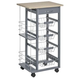 Imagine HOMCOM Cărucior de Bucătărie Gri Închis, 1 Sertar, 4 Coșuri Metalice, 2 Etajere, MDF, Lemn de Pin, Metal, 47x37x83cm | Aosom Romania