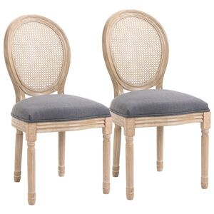 Imagine HOMCOM Set 2 Scaune de Dining Vintage, Material cu Efect de In, Spătar din Ratan Perforat, Picioare din Lemn, Gri | Aosom Romania