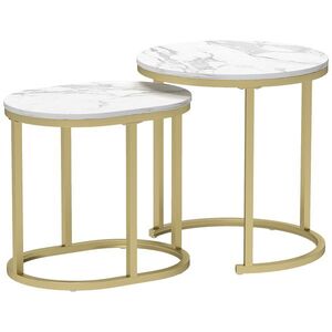 Imagine HOMCOM Set 2 Măsuțe de Cafea cu Blat cu Efect de Marmură din MDF și Oțel, Ø50x50.5 cm și 60x36x43.5 cm, Alb și Auriu | Aosom Romania