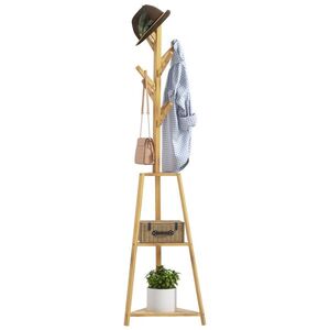 Imagine HOMCOM Suport pentru haine din bambus, stand pentru haine cu 8 cârlige și 3 rafturi 46 x 46 x 175 cm natural | Aosom Romania