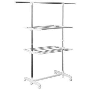 Imagine Suport de rufe HOMCOM, extensibil, cu 3 niveluri, cu brațe pliabile, roti, uscător de rufe pentru interior și exterior, Alb, 83-136, 5 x 45, 5 x 154 cm | Aosom Romania