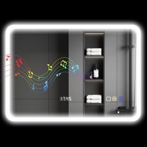 Imagine HOMCOM Oglindă de Baie cu Leduri 70x50 cm cu Bluetooth 3 Culori de Lumină Ceas Digital Funcție Anticeață Funcție de Memorie | Aosom Romania