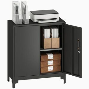 Imagine HOMCOM Dulap birou din metal, uși blocabile, comodă de birou, design cu două niveluri, Negru | Aosom Romania