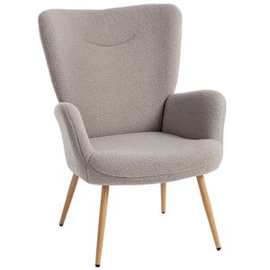 Imagine Fotoliu Modern Imbottito de Sufragerie HOMCOM, Fotoliu de Dormitor în Țesătură Sherpa cu Spătar Înalt și Brațe, Fotoliu Relax cu Cadru din Oțel pentru Sufragerie, Gri Deschis | Aosom Romania