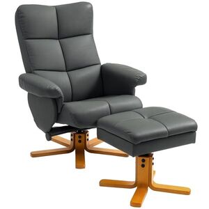 Imagine HOMCOM Fotoliu de relaxare cu taburet, Spătar înclinabil la 145°, Rotativ la 360°, Piele ecologică, Gri închis | Aosom Romania