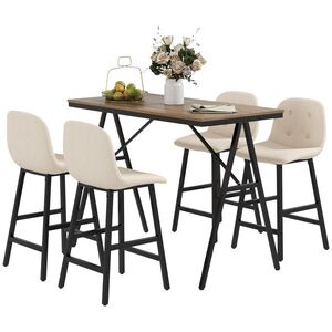 Imagine HOMCOM Set de bar format din 5 piese, masă și 4 scaune, tapițerie cu buton, spumă groasă, design cu aspect de in, bej | Aosom Romania