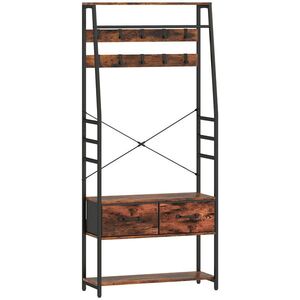 Imagine HOMCOM Mobilier de intrare 6 în 1 cuier bară pentru haine raft 2 sertare 10 cârlige 80 x 30 x 180 cm maro rustic | Aosom Romania