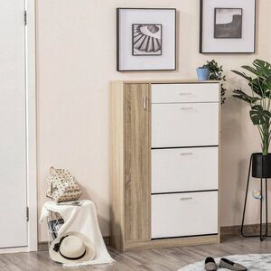 Imagine HOMCOM Suport pentru Pantofi Modern care Economiseste Spatiu cu 3 Usi si Rafturi Reglabile, Sertar si Dulapior cu Polite, Culoarea Lemnului si Alb