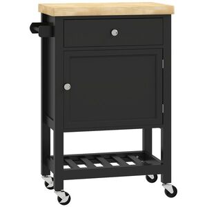 Imagine HOMCOM Servantă de bucătărie pe roți, cărucior de servire, blat din lemn de hevea, sertar, 63, 5 x 40 x 90 cm, negru | Aosom Romania