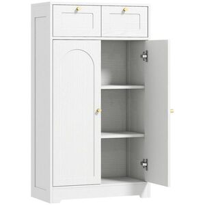 Imagine HOMCOM Mobilier de baie mobilier de depozitare cu 2 sertare uși duble arcuite etajere reglabile 60x30x108cm alb | Aosom Romania