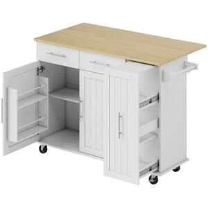 Imagine Insula de Bucătărie HOMCOM cu 5 Roți și Suport pentru Prosoape, 2 Sertare, 4 Rafturi și Dulap, din Lemn, 129x65x91 cm | Aosom Romania
