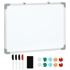 Imagine HOMCOM Tablă Magnetică de Perete cu Margini Rotunjite cu Radieră, Markere și Magneți, 60x1.8x45 cm, Albă | Aosom Romania