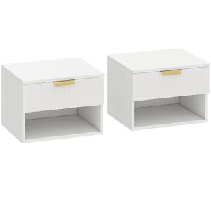Imagine HOMCOM Set de 2 Noptiere Suspendate cu Panouri Canelate, Sertar și Raft, 40x34x29 cm, Alb | Aosom Romania