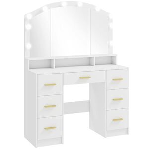 Imagine HOMCOM Masă de machiaj cu 10 becuri LED Hollywood, oglindă, 7 sertare, 3 compartimente, MDF, Alb | Aosom Romania