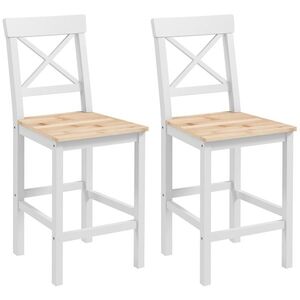 Imagine HOMCOM Set de 2 Taburete de Bar, Taburete de Bucătărie Înaltă cu Spătar Înalt, Suporturi pentru Picioare, din Lemn de Pin, Natural și Alb | Aosom Romania