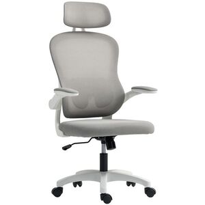 Imagine HOMCOM Scaun birou ergonomic cu spătar din plasă, reglabil pe înălțime, cotiere rabatabile, 5 roți, funcție balans, Gri | Aosom Romania