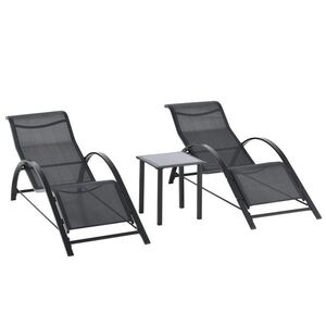 Imagine Outsunny Set 2 sezlonguri si masuta cu blat din sticla, sezlong pentru gradina din material respirabil si metal, 59x169x66 cm, negru