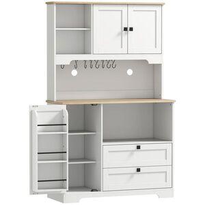 Imagine HOMCOM Bufet de Bucătărie Înalt 162 cm, Mobilier de Depozitare cu 2 Dulapuri, 2 Sertare, Suport Condimente, Orificii pentru Cabluri, Rafturi Reglabile, Blat pentru Cuptor cu Microunde, Suporturi pentru Cești, Alb | Aosom Romania