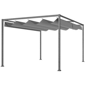 Imagine Outsunny Pergolă Gazebo 4x3 m cu Acoperiș Retractabil, Orificii de Drenaj, Țepușe și Șuruburi, Pergolă pentru Grădină din Poliester și Metal, Gri Închis | Aosom Romania