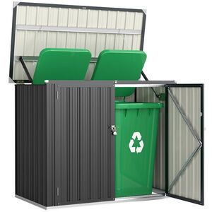Imagine Outsunny Depozit Exterior pentru Gunoi 1.1m² din Oțel Zincat cu 2 Uși Blocabile, Container pentru Pubele cu Acoperiș Rabatabil, Depozit Grădină pentru 2 Pubele și Unelte, Gri Închis | Aosom Romania