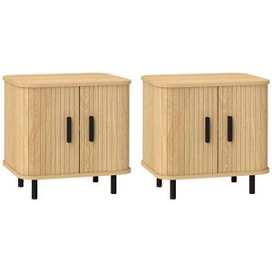 Imagine HOMCOM Set 2 Noptiere în stil Nordic cu Raft pe 2 Niveluri și Ușă Culisantă pentru Dormitor, 48x40x48 cm, Lemn Natural | Aosom Romania