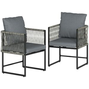 Imagine Outsunny Set 2 scaune de grădină rezistente la intemperii din oțel și PE-Rattan cu pernă cotieră spătar 52x52x66 cm Gri închis | Aosom Romania
