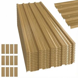 Imagine Outsunny Set de 12 Panouri pentru Acoperiș din Oțel Galvanizat 7m² pentru Căsuță de Unelte Șopron 129x45cm Lemn Natural | Aosom Romania