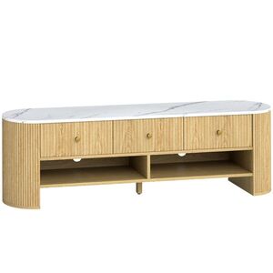 Imagine HOMCOM Comodă TV 140 cm, mobilier pentru televizor 165 cm cu aspect de marmură 3 sertare fețe canelate aspect lemn natural | Aosom Romania