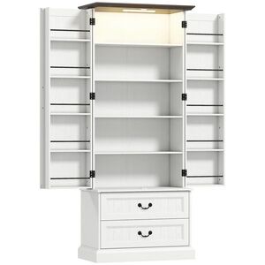Imagine HOMCOM Bufet înalt bucătărie, dulap de bucătărie, LED cu senzor, 2 uși, sertare și rafturi reglabile, 76x39, 5x183cm, alb | Aosom Romania