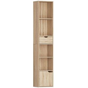 Imagine HOMCOM Raft Bibliotecă cu 4 Nivele Deschise, cu Dulap și Sertar, 30x24x158 cm, Lemn Natural | Aosom Romania