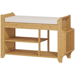 Imagine HOMCOM Bancă pentru pantofi cu șezut căptușit Depozitare laterală Raft pentru cizme Cadru din bambus 80x30x50 cm Natural | Aosom Romania
