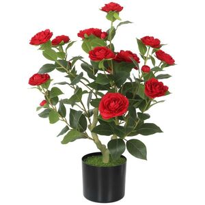 Imagine HOMCOM Plantă Artificială de Camelie 65 cm Arbore Artificial în Ghiveci cu Flori din Mătase Realiste 116 Frunze Efect Mușchi Roșu | Aosom Romania