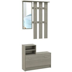 Imagine HOMCOM Set de Depozitare 4-în-1 pentru Hol, Cuier de Perete cu Oglindă, Bancă pentru Încălțăminte, 85x15x110 cm, Gri | Aosom Romania