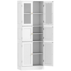 Imagine HOMCOM Dulap pentru baie cu 3 compartimente și 2 uși din sticlă și lemn, rafturi reglabile, 60x30x170 cm, alb | Aosom Romania